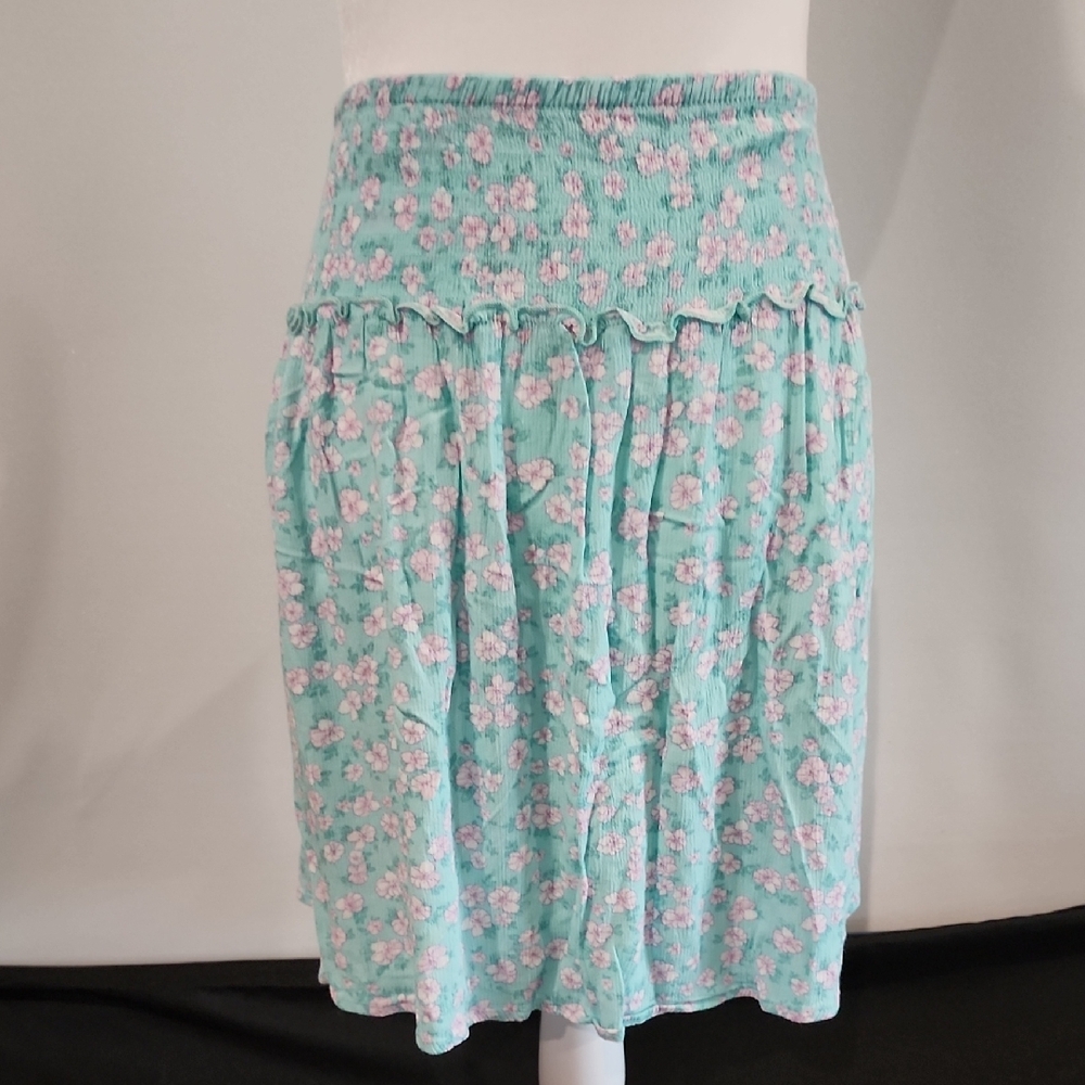White and Blue Knee-Length Bubble Skirt with Ruffled Smocked Design